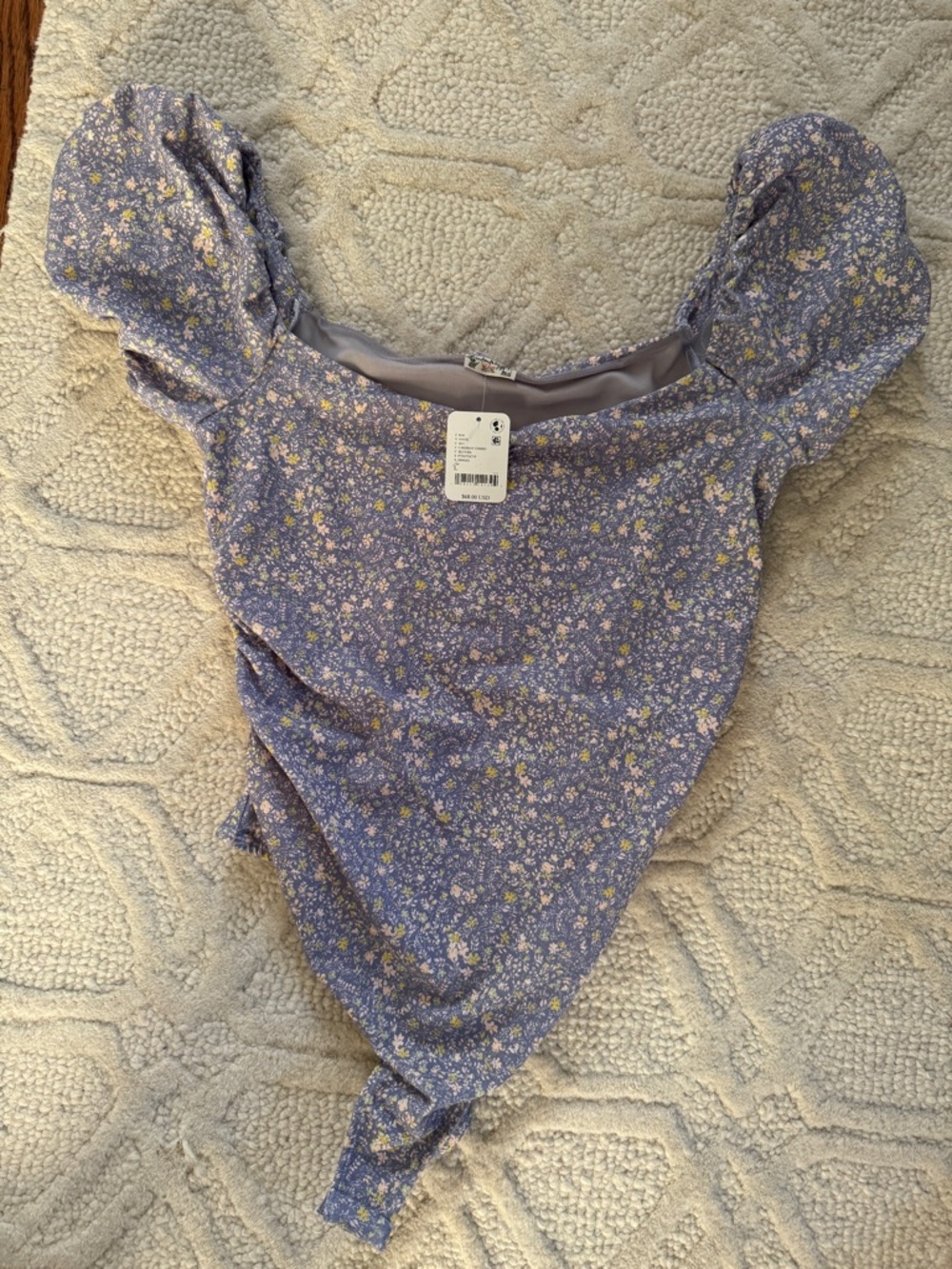 Free People intimately Floral Puff-Sleeve Square Neck Bodysuit - Lavender. Nwt